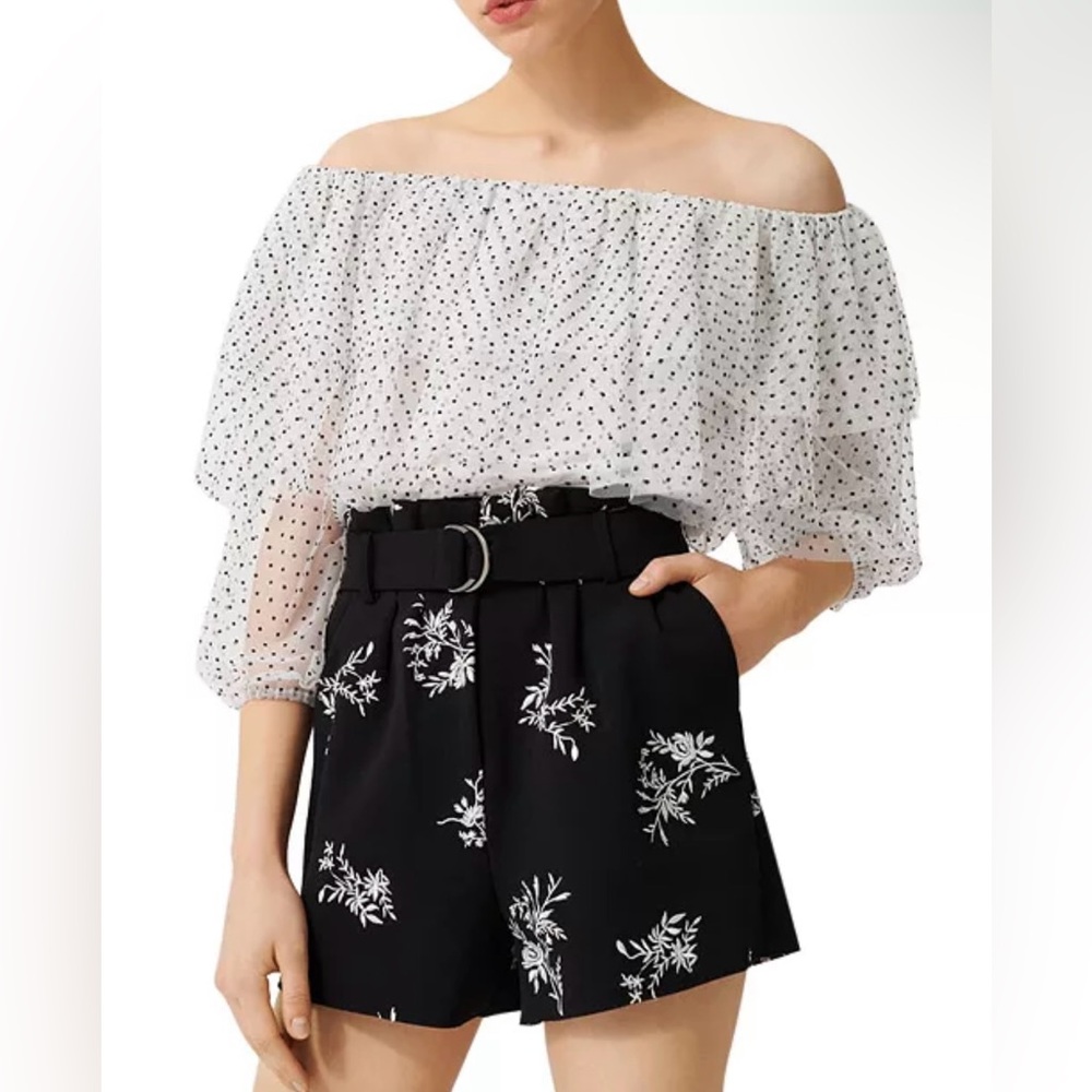 Maje Shorts Black White Ima Floral Embroidered Paper bag Waist Crepe EU-34 US-XS
